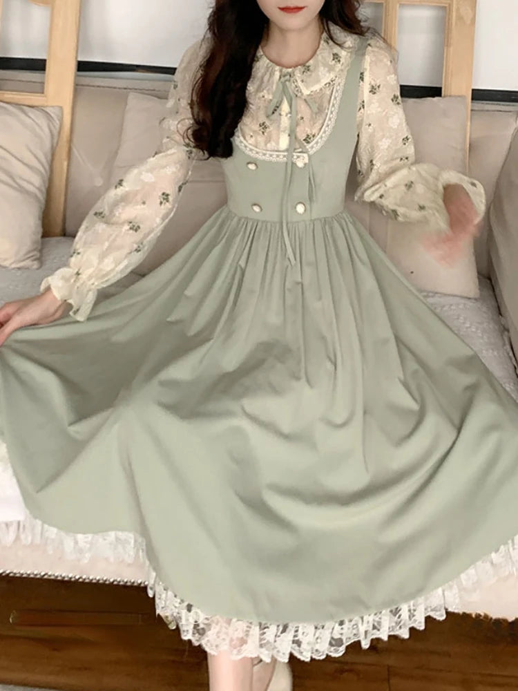 Robe de soirée en dentelle pour femmes, verte, élégante, Vintage, à bretelles, mi-longue, rétro coréen, douce, fée Kawaii, printemps, 2023