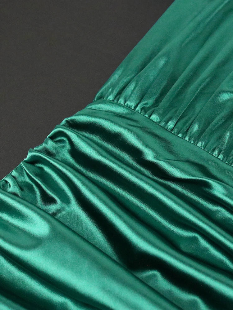 Long Sleeve Green Dresses Bodycon Elastic Satin Midi Dress Elegant plus Size Shiny Evening Christmas Party Church Outfits