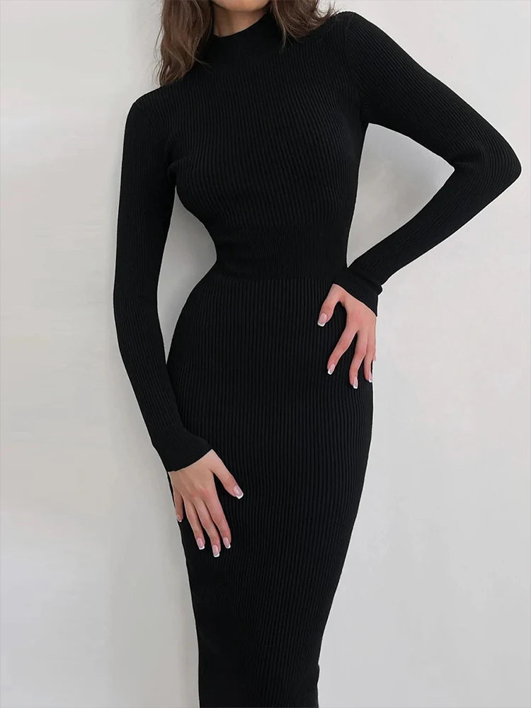 Robe tricotée à col roulé pour femme, tenue mi-longue, moulante, manches longues, élégante, mode, couleur unie, slim, automne hiver