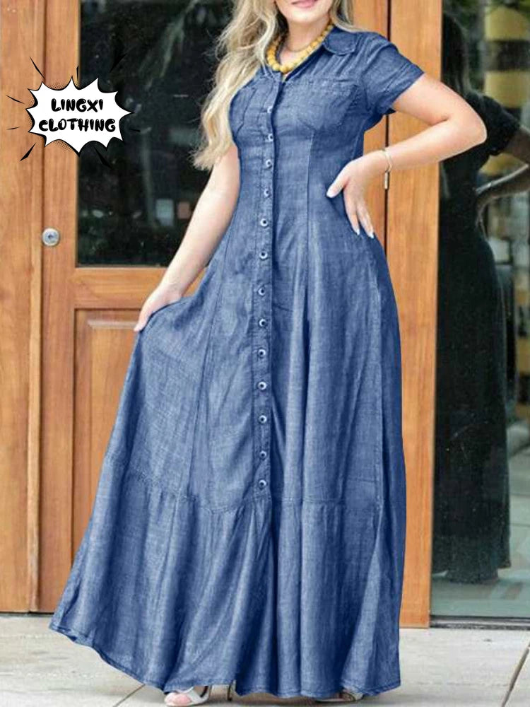 2023 Fashion New Long Dress Shirt Neck Pocket Large Swing Dress Casual Elegant Temperament Single Breasted Denim Dress Plus Size