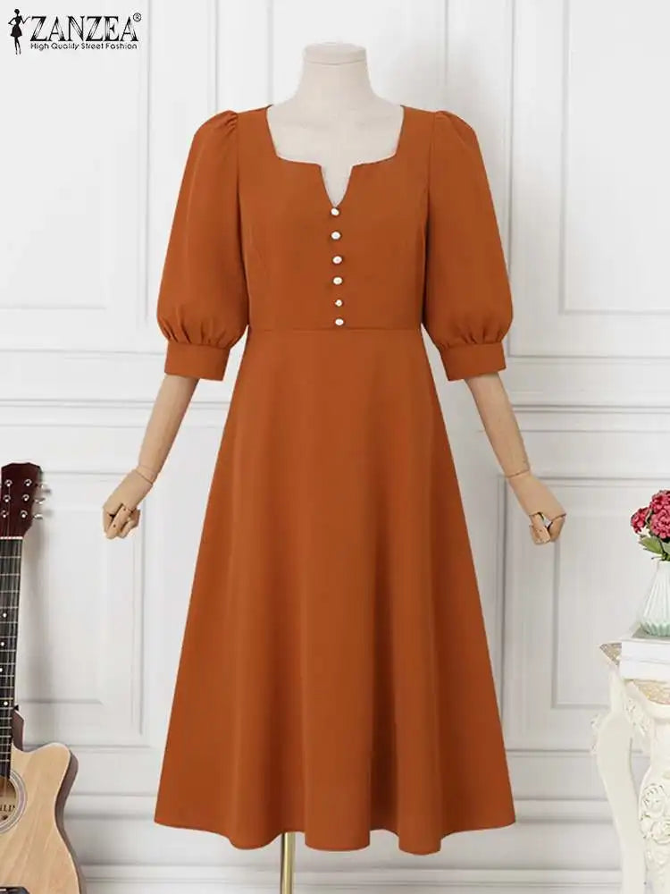 ZANZEA Korean Square Neck Robes Women Elegant Long Dress Vintage Half Sleeve Vestidos Casual Buttons Waisted Party Midi Dresses