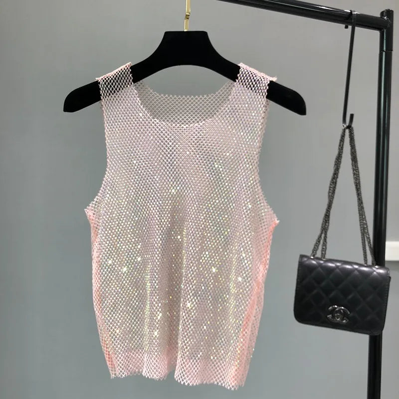 Crystal Beading Shiny Tanks Party Club Sexy Hollow Out Diamonds Stamping Camis Winky Sleeveless Vest