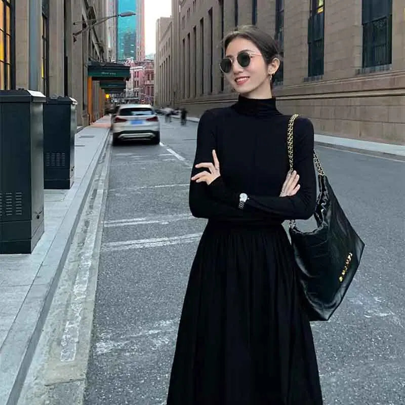 Vestido de otoño estilo Hepburn para mujer, vestido Midi negro elegante de cintura alta, vestido de corte A de manga larga con cuello medio alto coreano