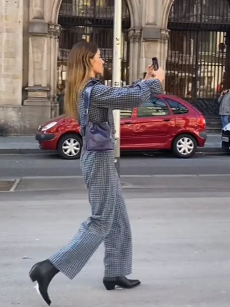 Combinaison élégante à carreaux imprimés à volants pour femmes, Chic, col montant, manches longues pagode, body, printemps, haut, Streetwear