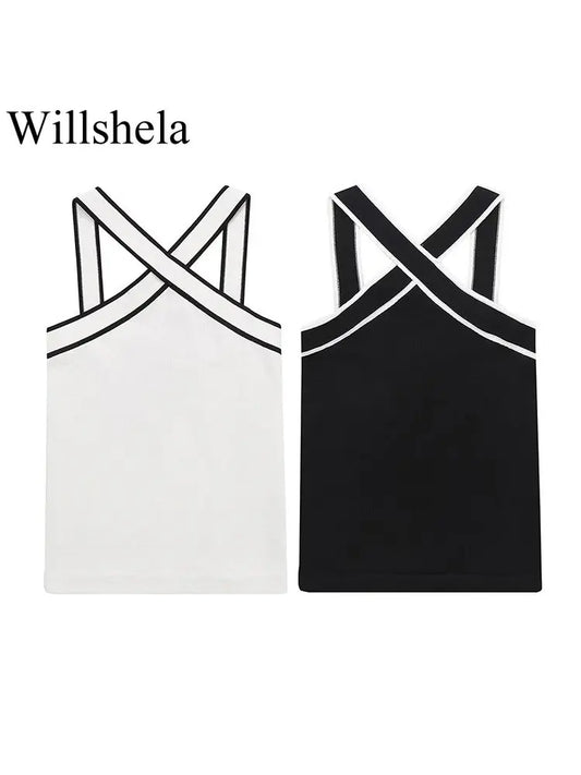 Willshela-camisetas sin mangas con espalda descubierta para mujer, camisetas sin mangas Vintage con cuello en V y tirantes cruzados, Top elegante para mujer