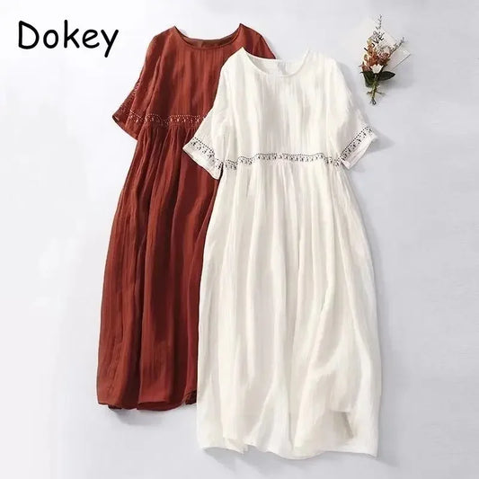 Robe Vintage brodée en coton et lin blanc pour femmes, tenue d'été respirante, col rond, manches courtes, ample, style Boho, décontractée, mi-longue