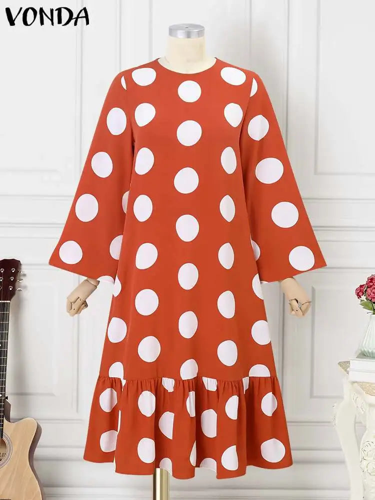 Plus Size 5XL VONDA Women Dress Bohemian Long Sleeve Polka Dot Printed Party Midi Sundress Vintage Casual Loose Ruffled Vestidos