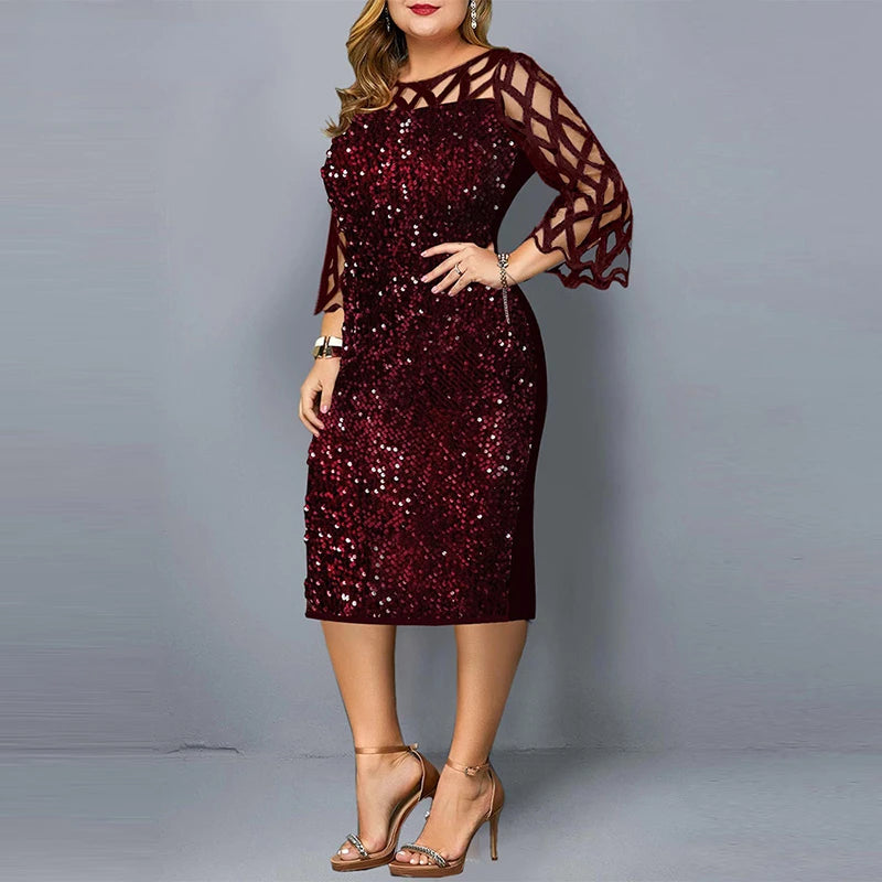 Elegant Sequin Plus Size 4XL 5XL Women Midi Dress Sexy Casual Evening Party Dresses Gown Wedding Luxury Robe Rouge Vestidos