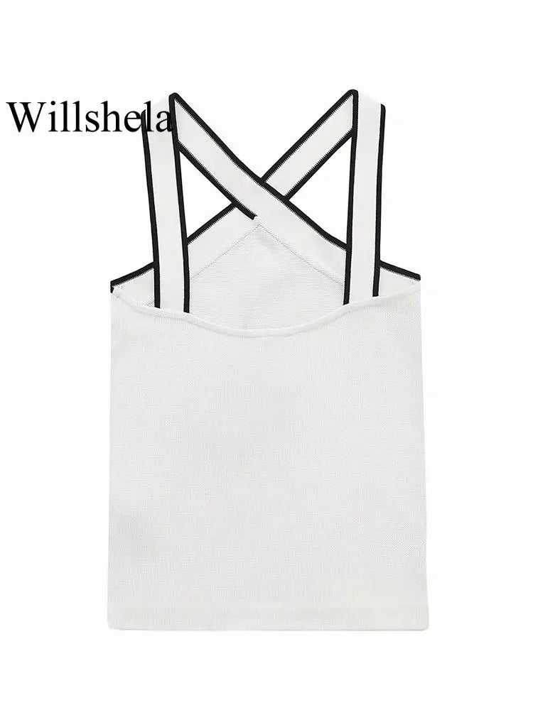 Willshela Women Fashion Patchwork Backless Tank Tops Vintage V-Neck Cross Straps Female Chic Lady Vest Top