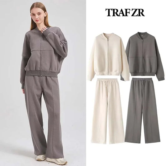 TRAF ZR-Conjuntos de cárdigan con cremallera para vestir, chándal para mujer, trajes de otoño, conjuntos de mujer, pantalones holgados, ropa deportiva de manga larga