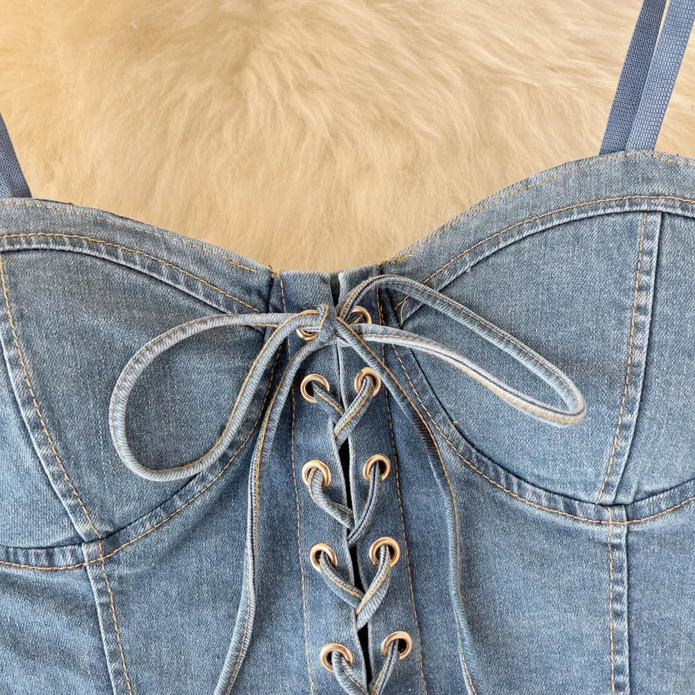 Spaghetti Strap Denim Drawstring Tanks Camis for Women Almighty Summer Sexy Femme Corset Crop Tops with Built In Bras Camisoles