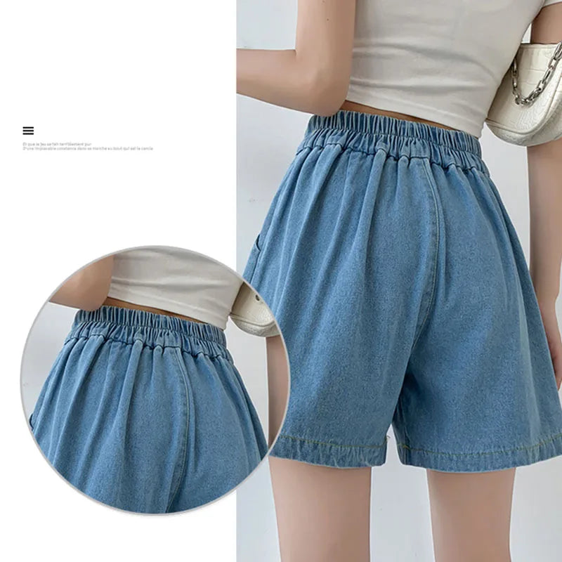 DFRCAEG 2023 Summer Plus Size Denim Shorts For Women High Elastic Waist Blue Or Sky Blue Pleated Mini Large Size Short Femme