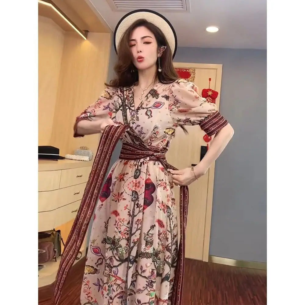 Robe florale à manches bouffantes, mode coréenne, taille ample avec Bandage, nouvelles robes d'été élégantes et décontractées pour femmes, mi-longues