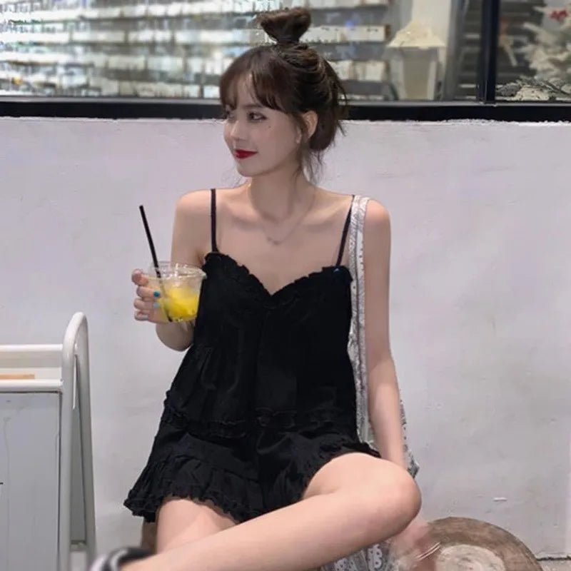 Korean Version Sweet V Neck Casual Sleeveless Camisole For Women Solid Loose Fit Thin Summer Versatile Cute Tank Top Black White