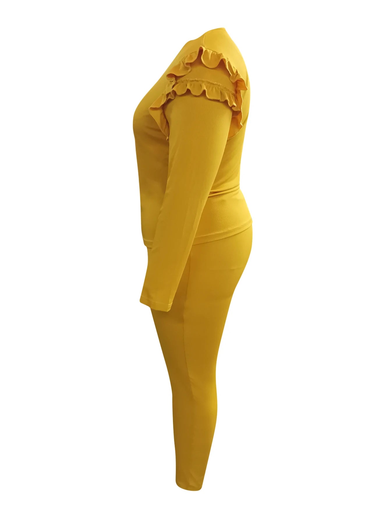 4XL 5XL LW grande taille à la mode col en V rayé jaune deux pièces pantalon ensemble printemps femmes basique plaine volants femme correspondant costume