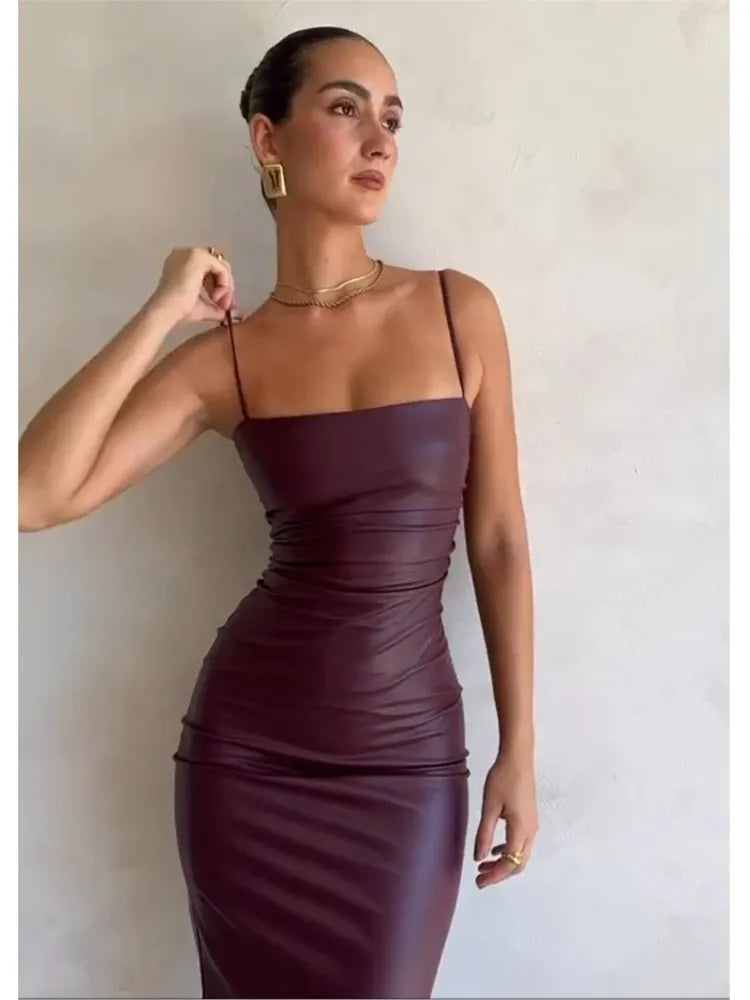 Vestido Midi de cuero sintético con espalda descubierta para mujer, elegante vestido Formal para fiesta de banquete, trajes de trajes de club nocturno de Navidad