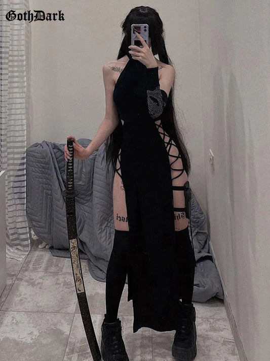 Goth Dark – robe à bandes Sexy pour femmes, Cosplay, fente haute, Y2K, centre commercial, gothique, col licou, Slim, mi-longue, noir, Style Grunge, vêtements de fête Alt