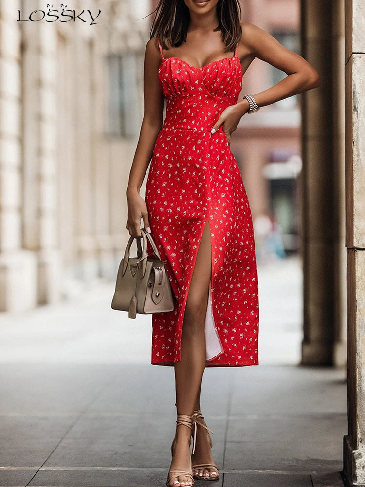 Vestido Midi Sexy de verano para mujer, vestidos veraniegos de playa con espalda descubierta y estampado Floral blanco, vestido informal ajustado sin mangas con abertura, novedad de 2024