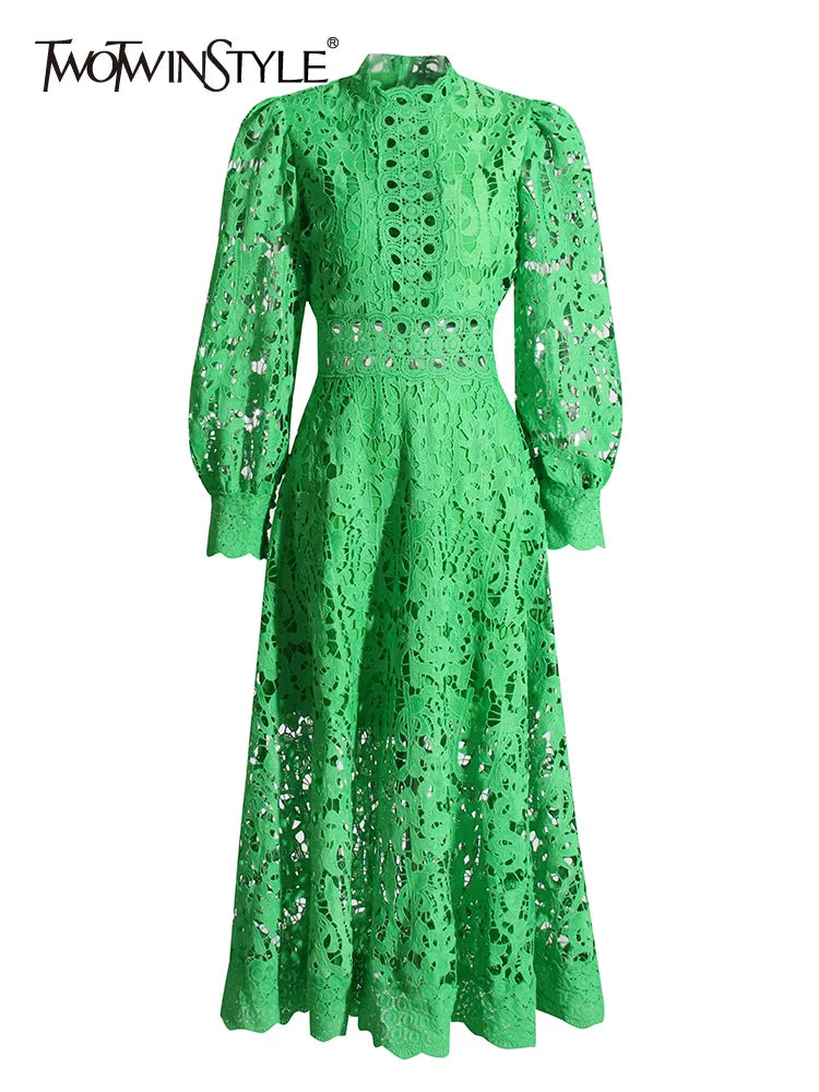 TWOTWINSTYLE-vestido verde para mujer, vestido Midi liso con cuello levantado, manga larga y cintura alta recortada, ropa femenina de otoño 2022