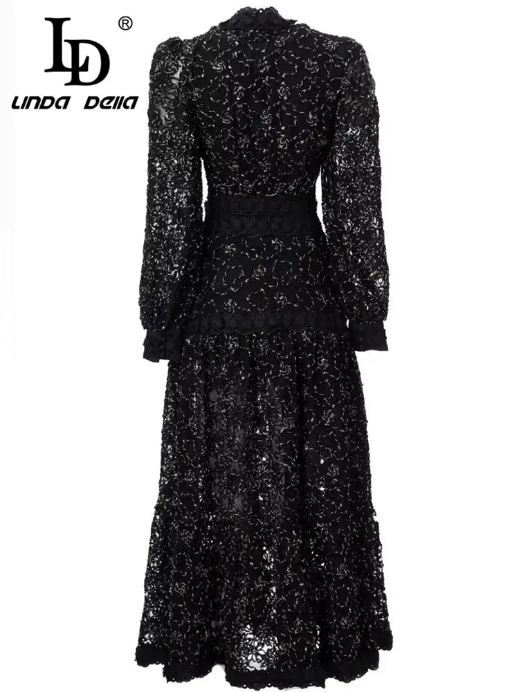 LD LINDA DELLA Fashion Runway Black Dress Women V-neck Lantern sleeve Hollow out Embroidery Vintage Party Midi Dress