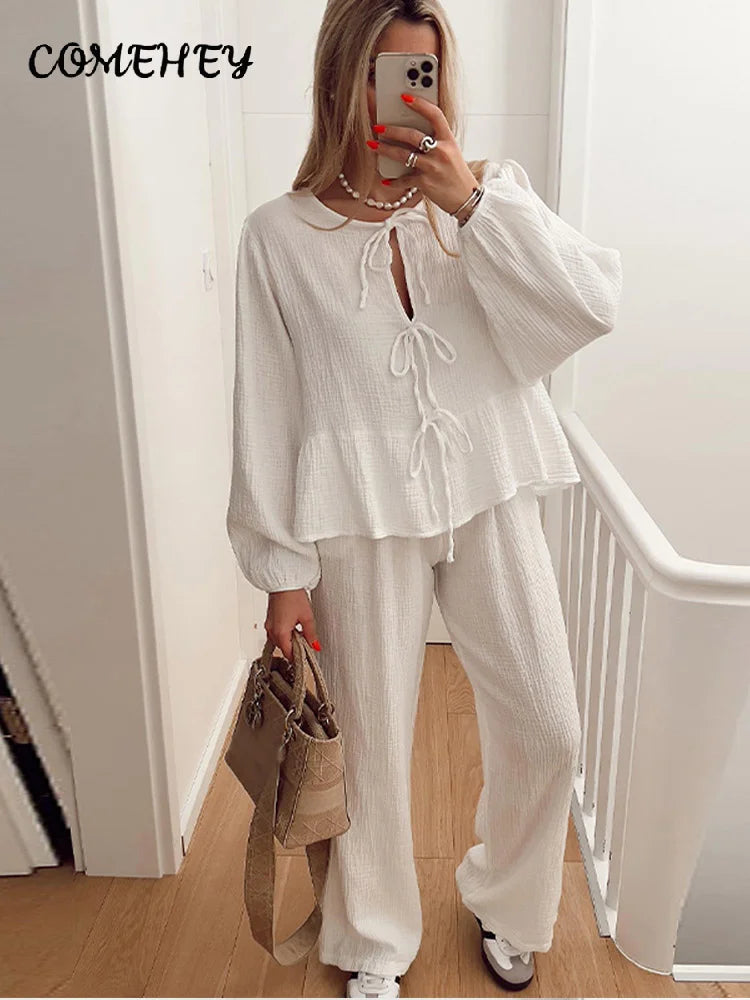 Elegant Shirts Pants Sets For Women 2 Pieces Solid Long Sleeve O-neck Lace Up Shirt Loose Trousers Set 2024 Spring Casual Outfit