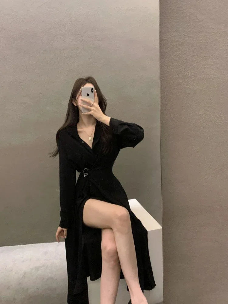 Deeptown Korean Style Black Midi One Piece Dress Women Coquette Shirt Holiday Dresses Elegant Spilt Long Sleeve Winter Vestidos