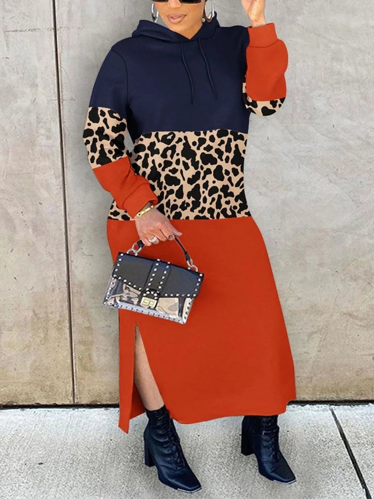 2023 Autumn Dresses for Women Leopard Print Colorblock Slit Hooded Sweatshirt Dress Vestidos De Mujer Casual Midi Robe Female