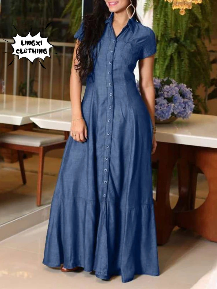 2023 Fashion New Long Dress Shirt Neck Pocket Large Swing Dress Casual Elegant Temperament Single Breasted Denim Dress Plus Size