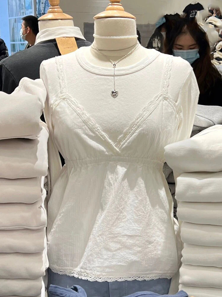 Camisetas sin mangas de encaje blanco dulce para mujer, camisetas informales bonitas sin mangas con cuello de pico, camisola de algodón ajustada, chalecos estéticos lisos Y2k Vintage 2023