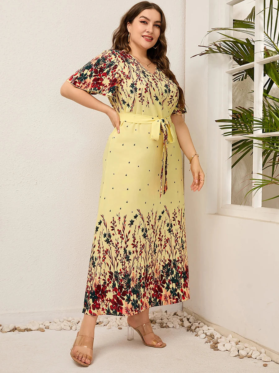 2023 Women Summer Long Dress V Neck Short Sleeve Floral Print Boho Beach Dress Curvy Woman Plus Size Women Clothing