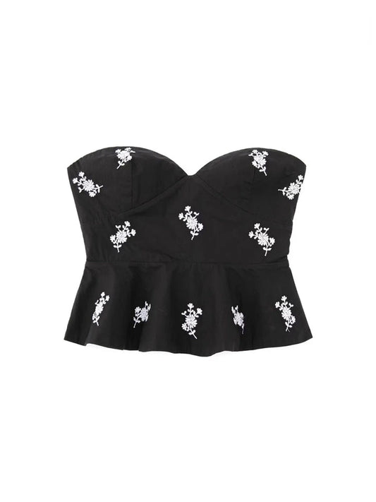 TRAF Tanks Women Fashion Floral Embroidered Cropped Poplin Bustier Tops Vintage Strapless Side Zipper Female Camis Mujer