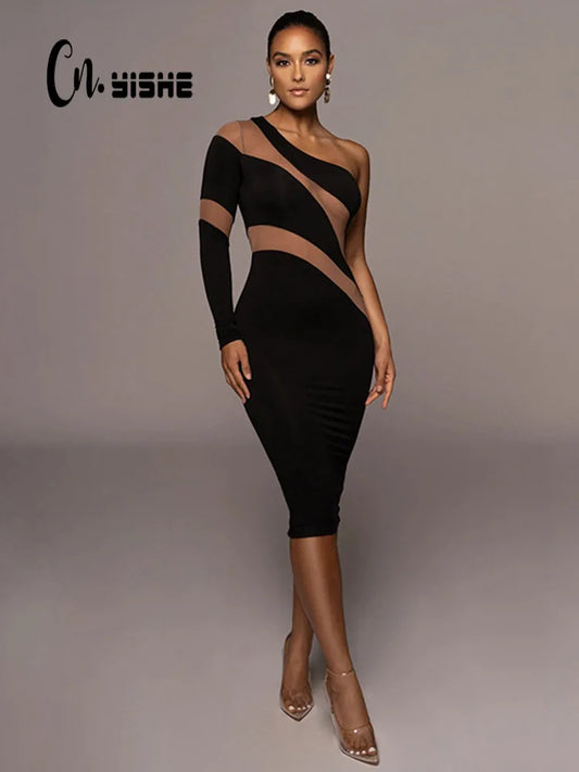 CNYISHE One Shoulder Mesh Sheer Midi Dress for Women Party Club Elegant Dresses Autumn Fashion Streetwear Sexy Slim Dress Robes