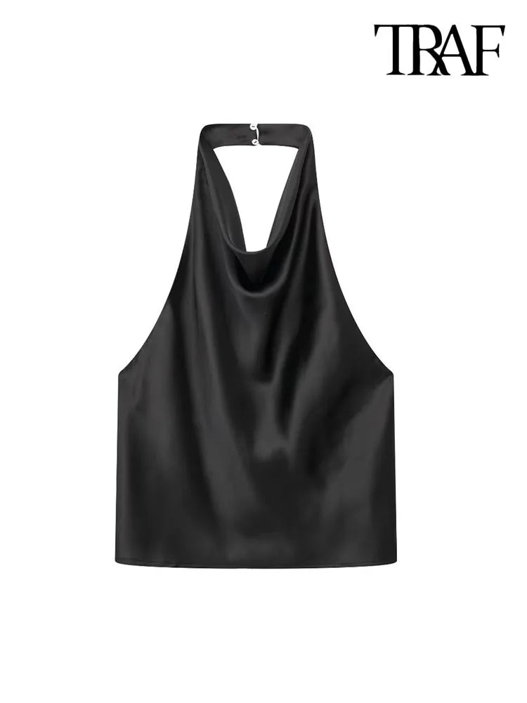 TRAF Women Fashion Satin Flowing Halterneck Tank Tops Sexy Backless With Button Female Camis Mujer