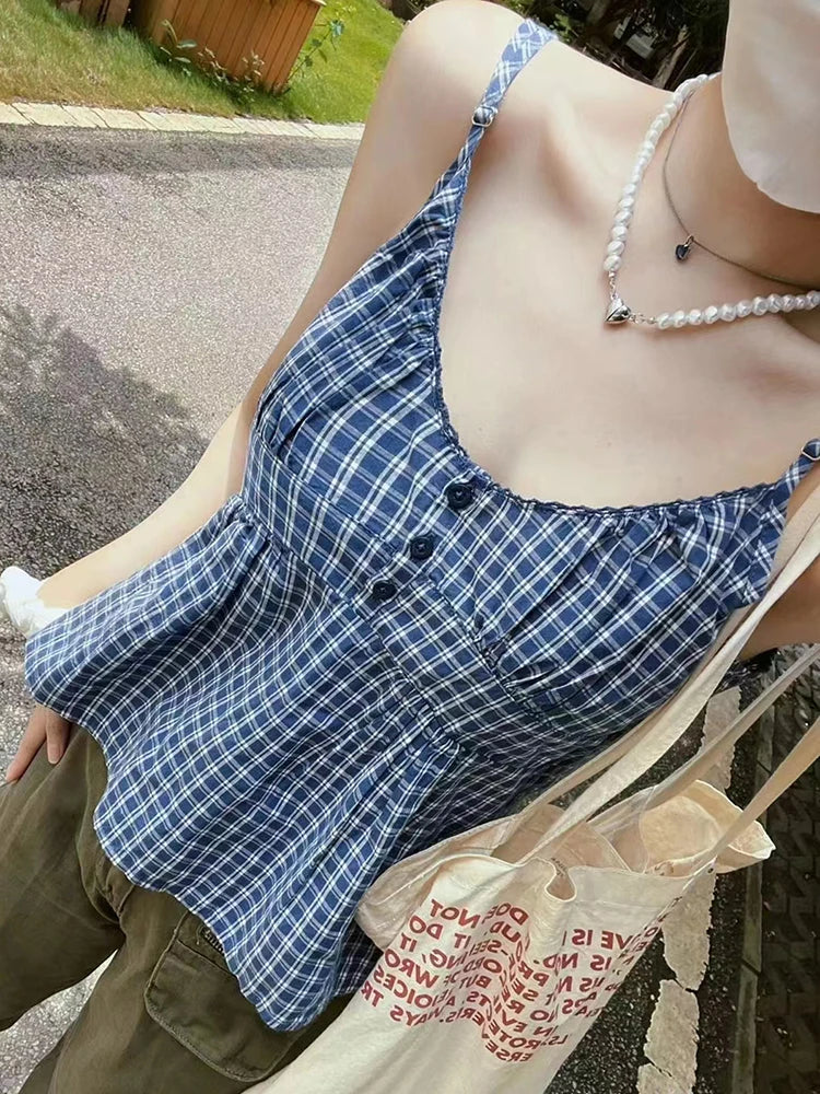 Women Vintage Plaid Button Camis Top Cute Preppy Style Sleeveless Lace-up Cotton Tank Tops Female Casual Sweet Summer Vests 2023