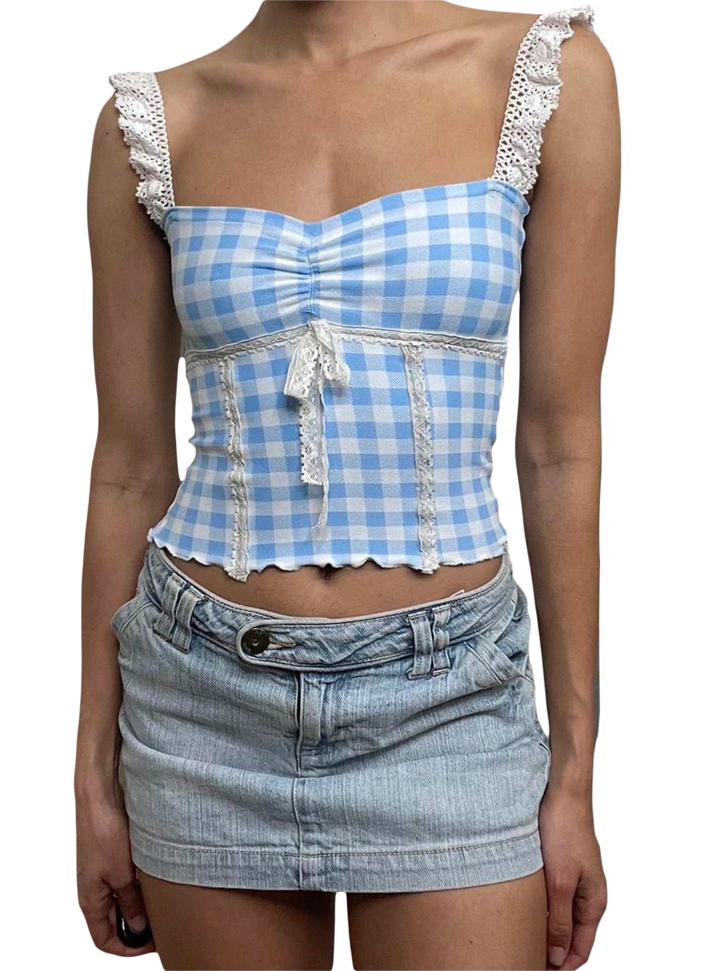 Women Sleeveless Plaid Tank Top with Lace Trim - Stylish Blue Summer Camisole for Y2K Fashionistas