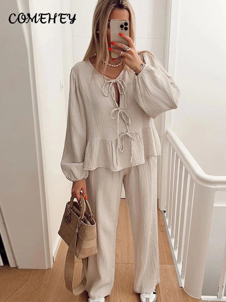 Elegant Shirts Pants Sets For Women 2 Pieces Solid Long Sleeve O-neck Lace Up Shirt Loose Trousers Set 2024 Spring Casual Outfit