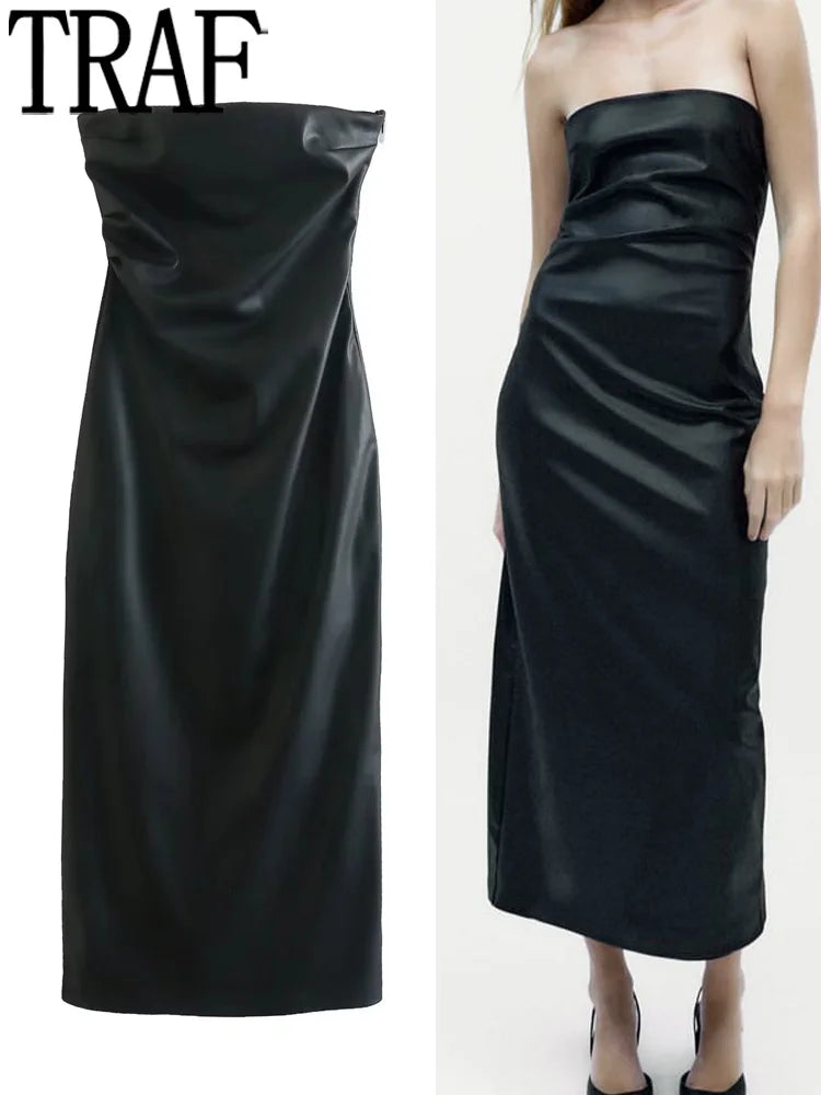 TRAF-vestido negro de piel sintética para mujer, vestidos largos ajustados con hombros descubiertos para mujer, vestido Sexy sin espalda, vestidos de fiesta por debajo de la rodilla 2023