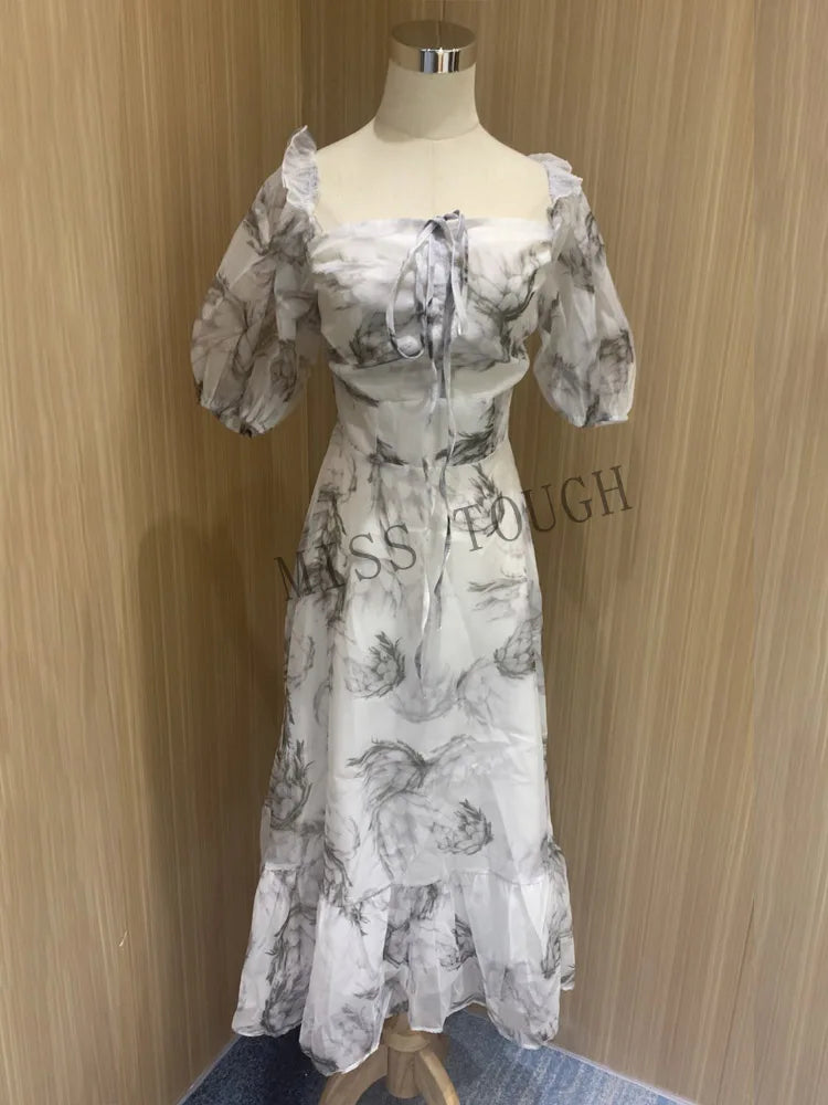 Summer Floral Print Dress Women Sexy French Style Vintage Party Midi Dresses Casual Korean Fashion Elegant Retro Dress 2024 New