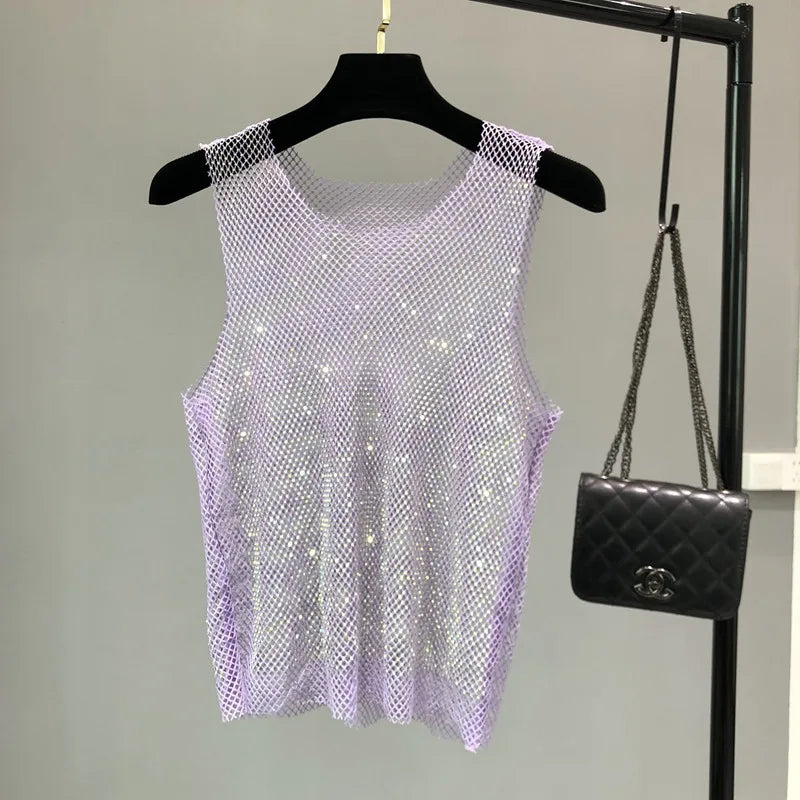 Crystal Beading Shiny Tanks Party Club Sexy Hollow Out Diamonds Stamping Camis Winky Sleeveless Vest