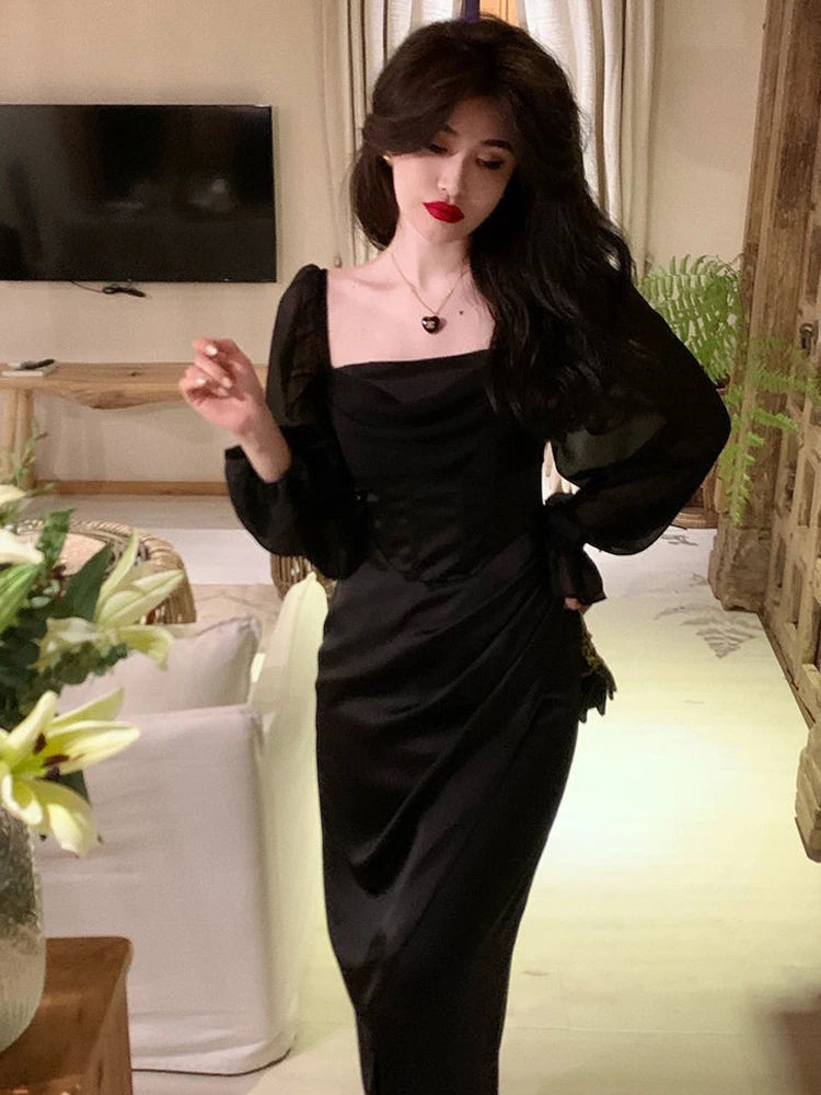 2022 Autumn Solid Elegant Fairy Dresses Women Casual Party Fashion Korean One Piece Dress Female Lace Vintage Chic Midi Dresses