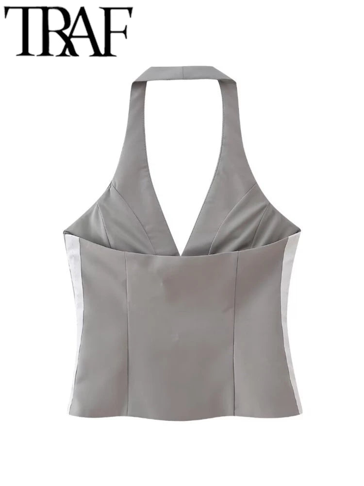 TRAF GAL 2024 Summer Fashion Women Grey Patchwork Side Slim Camis V Neck Sleeveless Backless Female Halter Crop Top Y2K Tanks