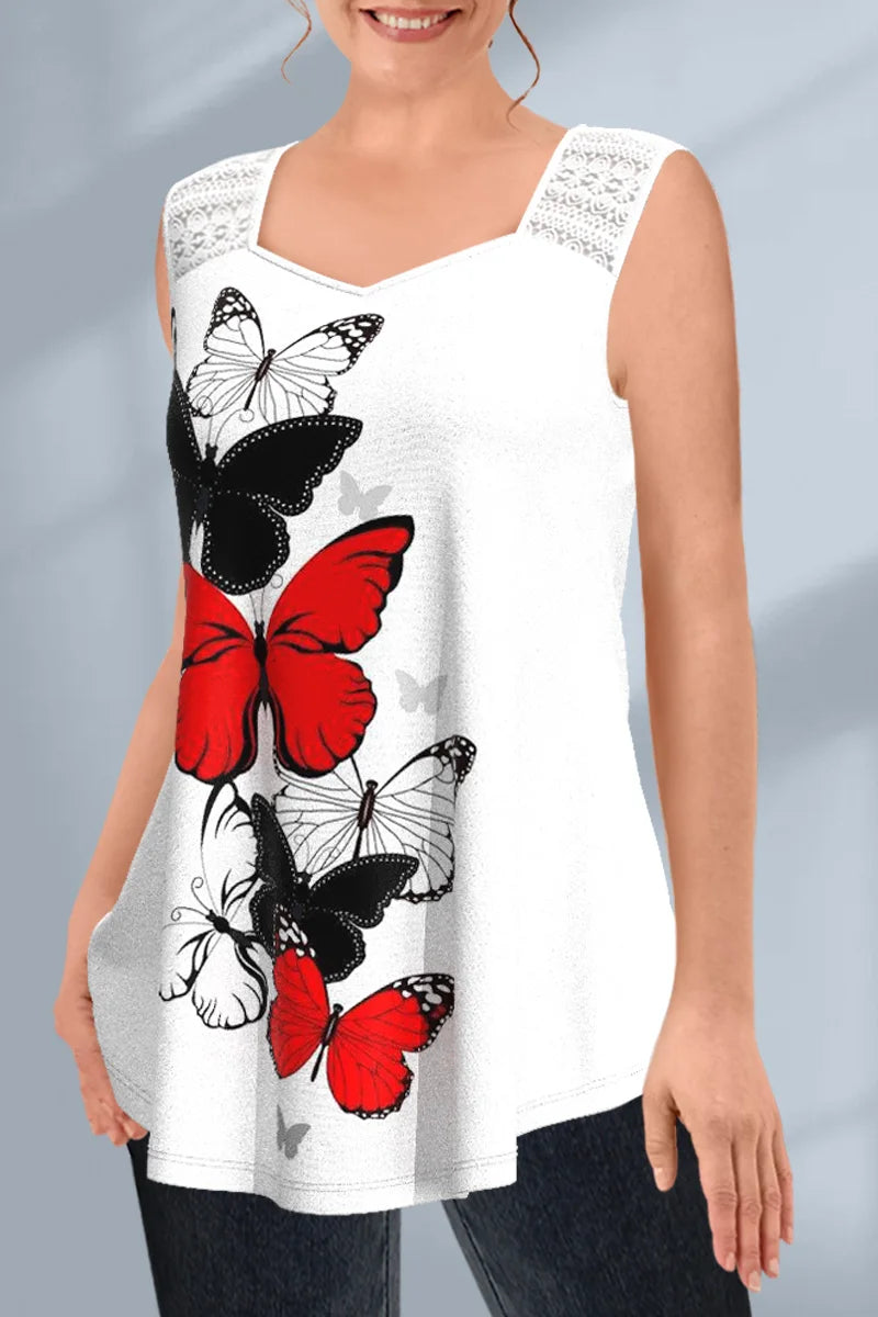 Camiseta sin mangas de talla grande para mujer, camiseta informal con costuras de encaje blanco, estampado de mariposa, sin mangas, Camiseta holgada básica con cuello cuadrado, camiseta sin mangas para verano