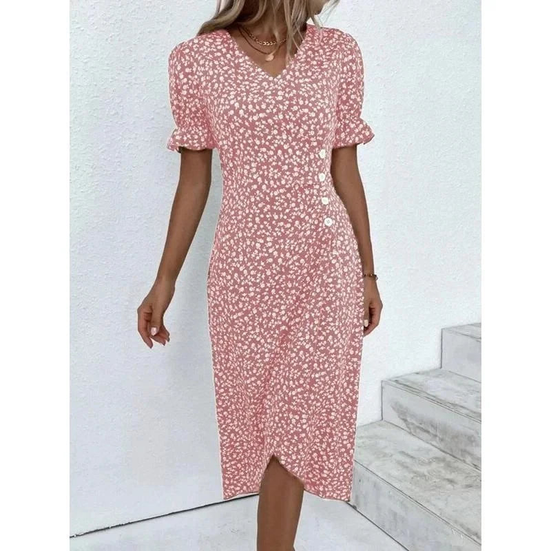 2023 Autumn Floral Bodycon Midi Dress For Women V Neck Long Sleeve Ruched Slim Fit Dresses Female Sexy Vestido Robe