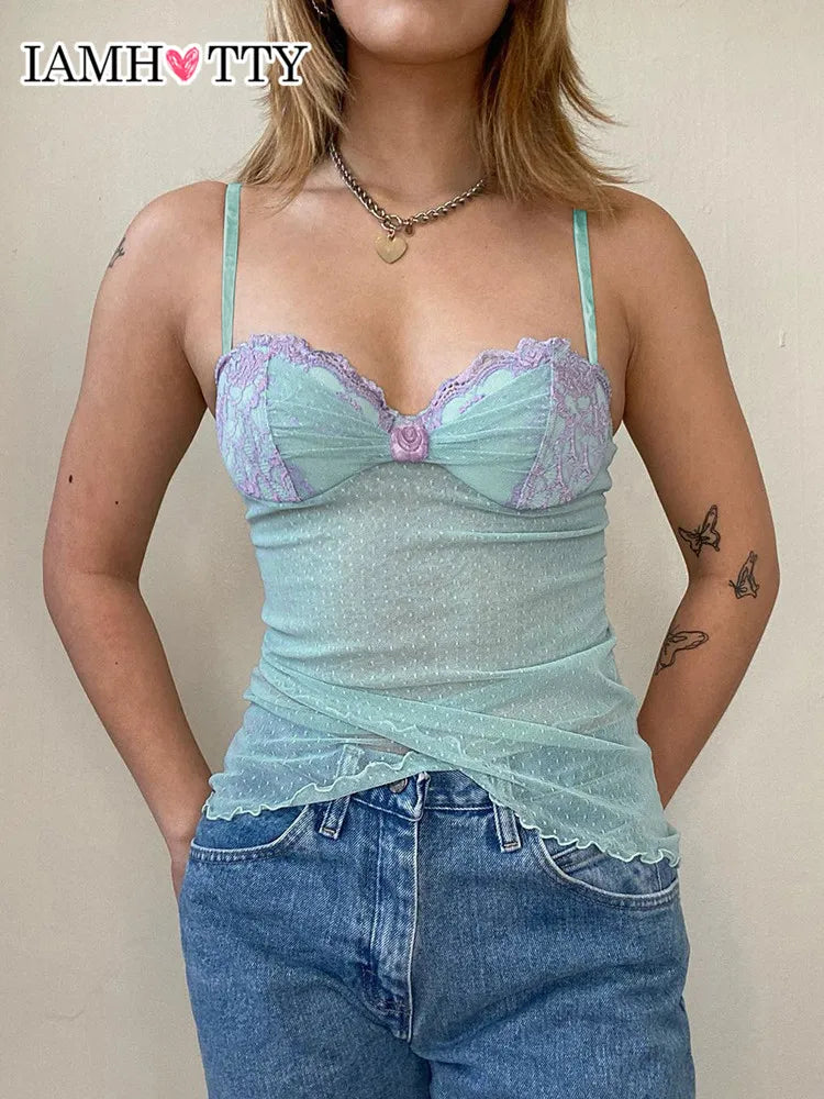 IAMHOTTY – Corset en dentelle imprimé à pois pour femmes, avec des Appliques de fleurs, laitière, Sexy, Transparent, haut court, Camis Y2K, réservoir esthétique Transparent