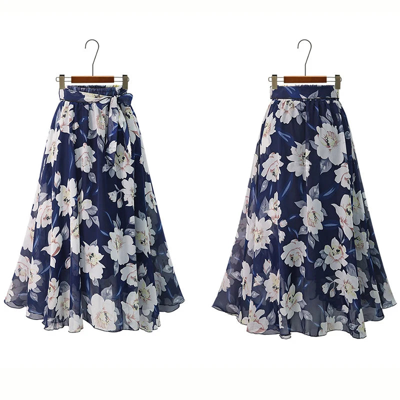 Plus Size Print Floral Skirt Women 2023 Summer Loose Elastic High Waist Chiffon Midi Skirts Lace Up Bow L-5XL Swing Jupe Femme