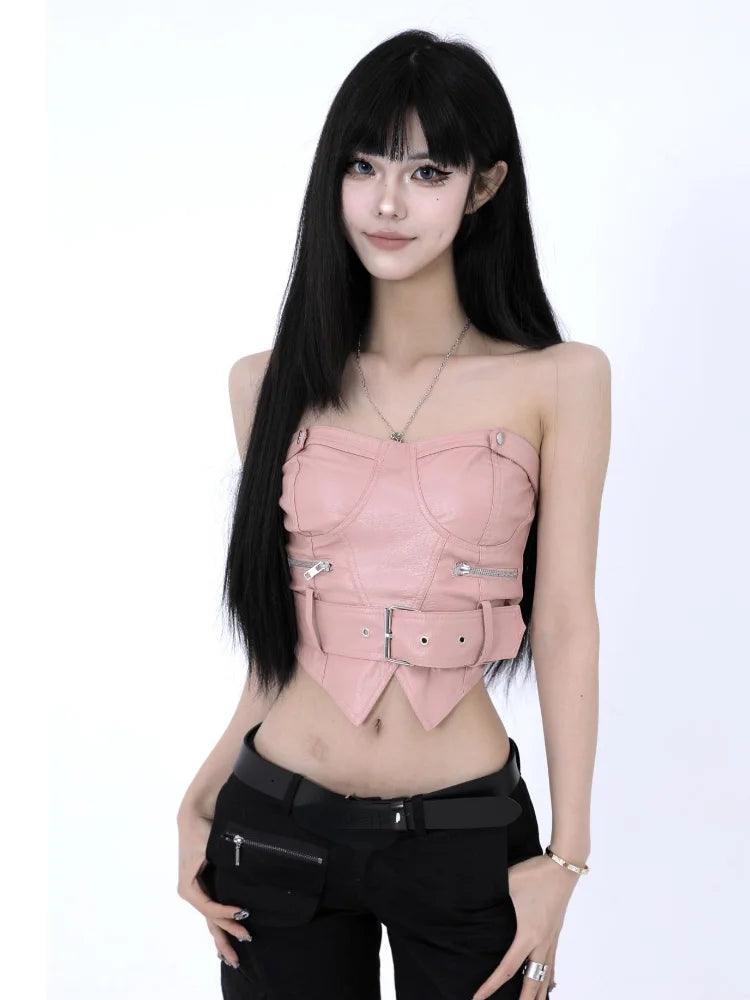 Y2k Aesthetic Off Shoulder Sexy PU Tube Slim Korean Fashion Sleeveless Cropped Tops Women Chain Zipper Patchwork Casual Tank Top