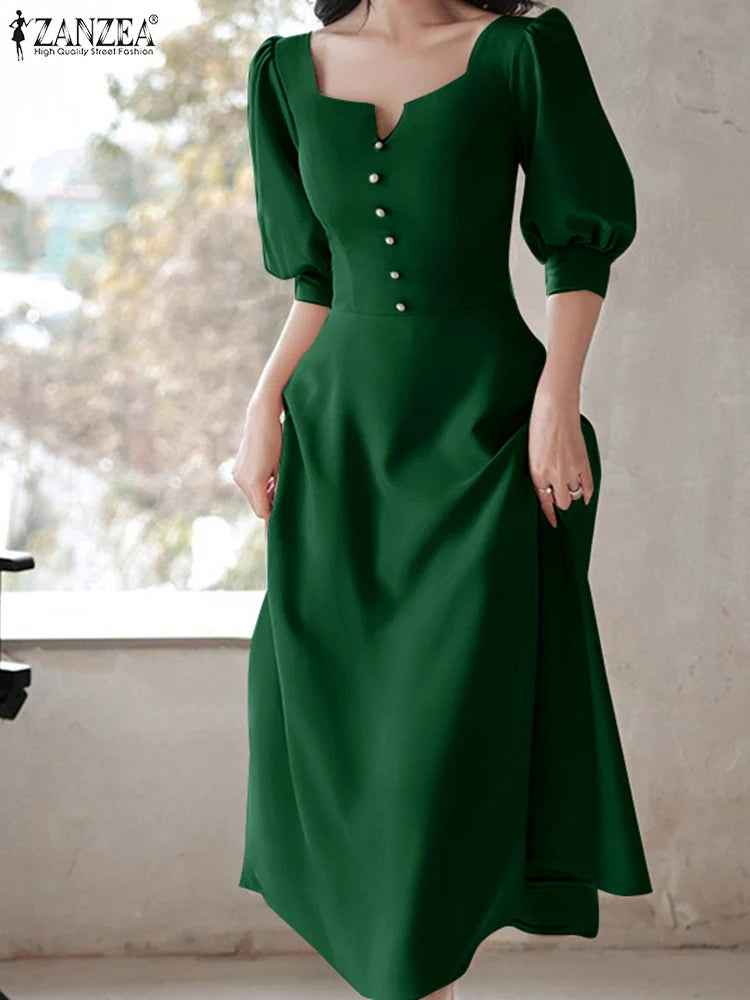 ZANZEA Korean Square Neck Robes Women Elegant Long Dress Vintage Half Sleeve Vestidos Casual Buttons Waisted Party Midi Dresses