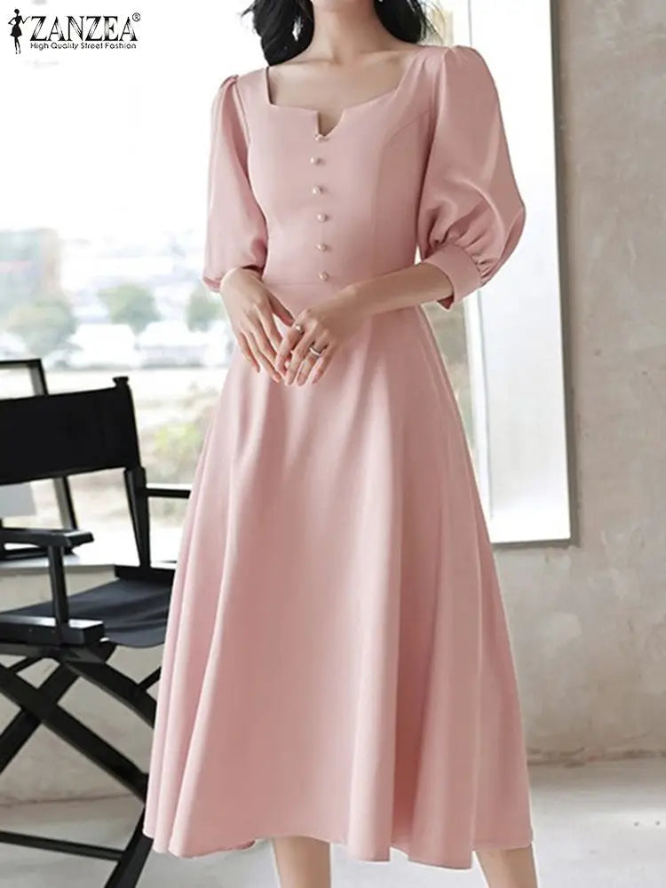 ZANZEA Korean Square Neck Robes Women Elegant Long Dress Vintage Half Sleeve Vestidos Casual Buttons Waisted Party Midi Dresses