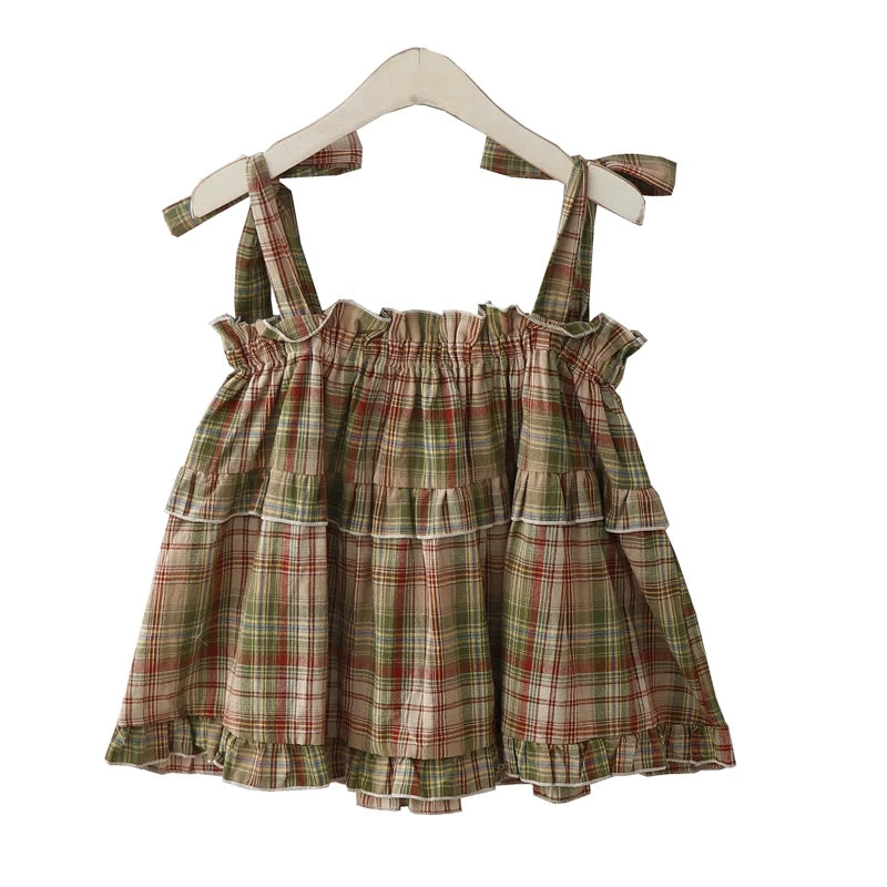 Girly Y2k Haut Court Fait Maison D'été Nouveau Japon Style Vintage Doux Épicé Champignon Bord À Lacets Vert Plaid Sangle Débardeur pour les Femmes