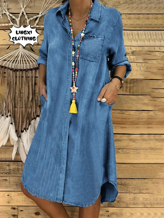 Robe longue en Denim pour femmes, élégante, Style rétro, grande taille, simple boutonnage, manches longues, noire, 2023